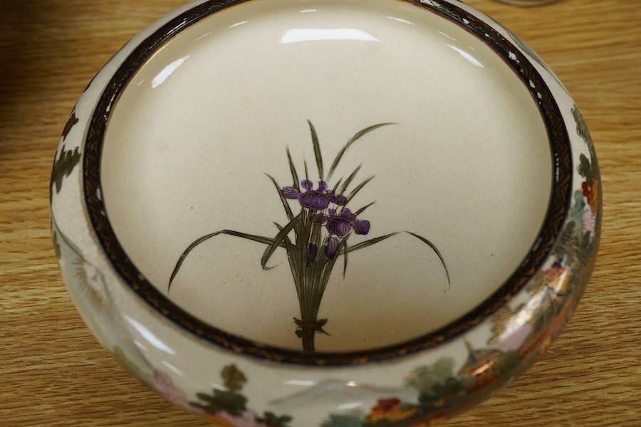 A group of Japanese ceramics to include a Satsuma tripod censer and a miniature Chinese screen, largest 24cm high